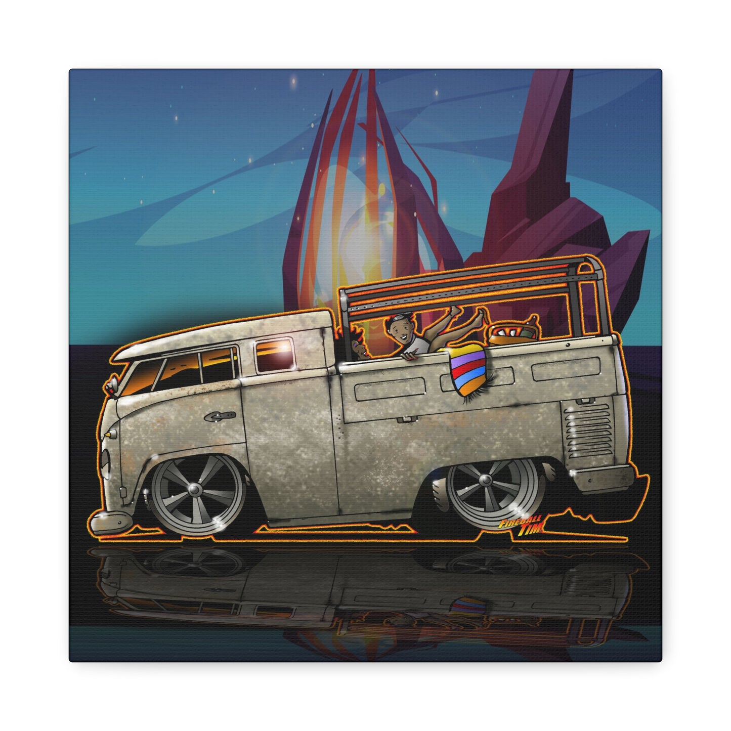 CUSTOM ED FOX VW BUS NOOKIE WAGON Fireball Canvas Art Wall Print - 12x12