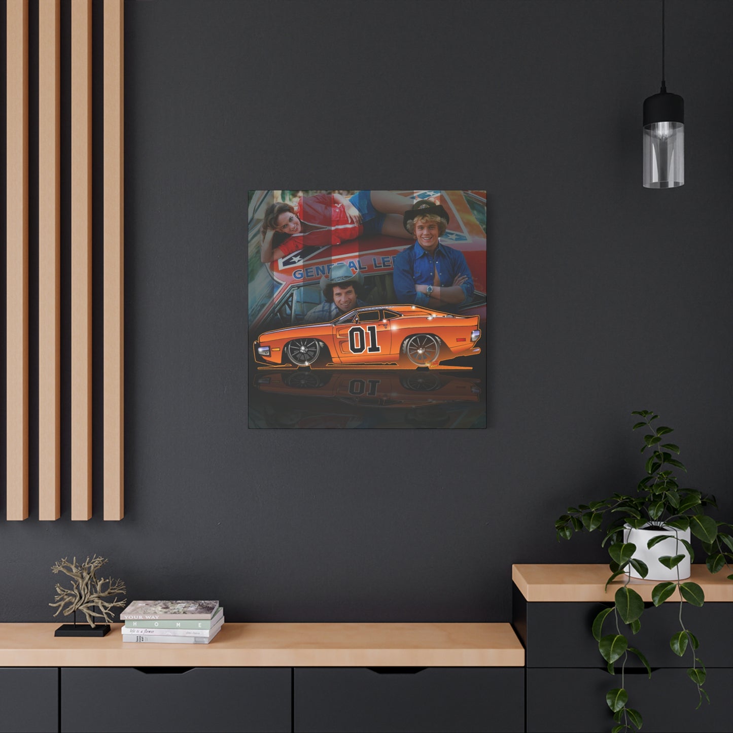 DUKES OF HAZZARD General Lee Dodge Charger Fireball Art Canvas Wall Print - 12x12