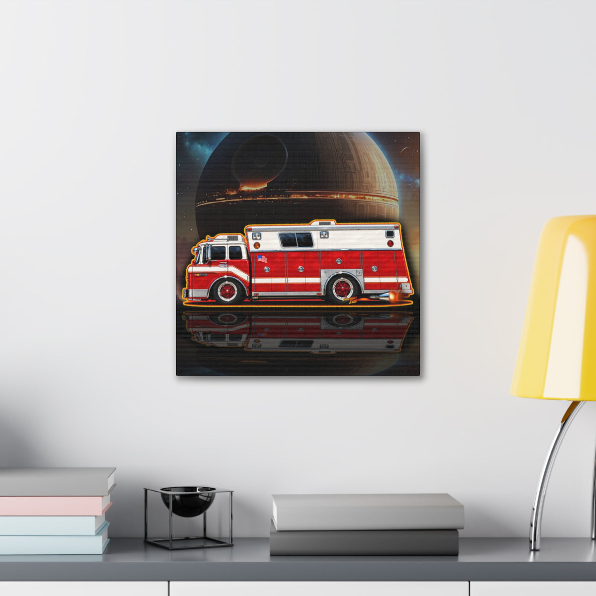 FIRE TRUCK Collectible Fireball Art Canvas Stretched Print
