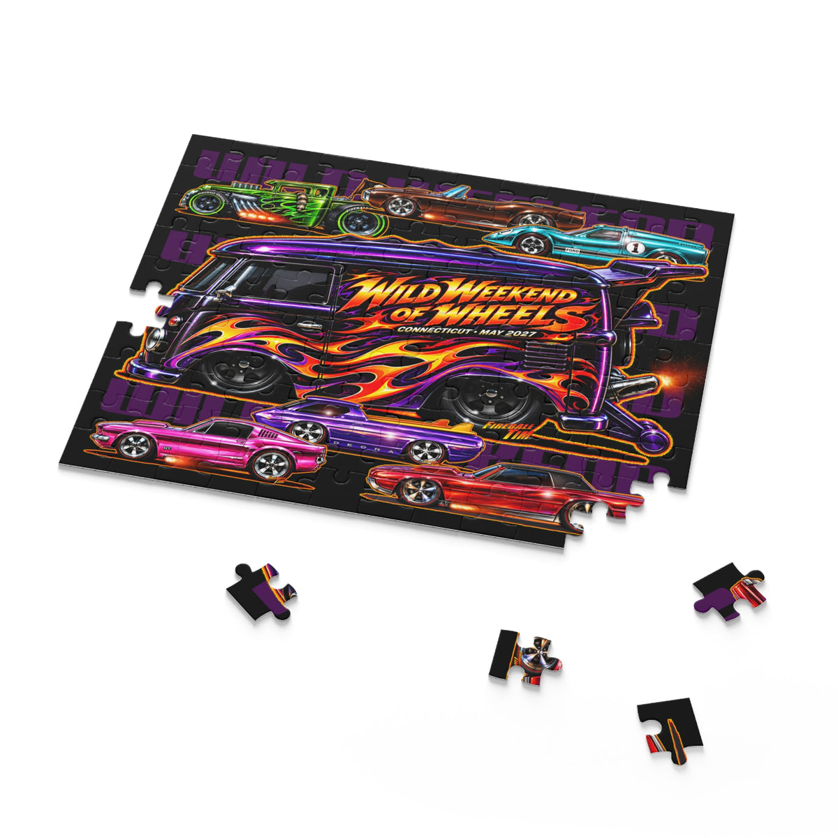 WILD WEEKEND of WHEELS Hot Wheels Jigsaw Puzzle — Retro Hot Rods (120/252/500‑Piece)
