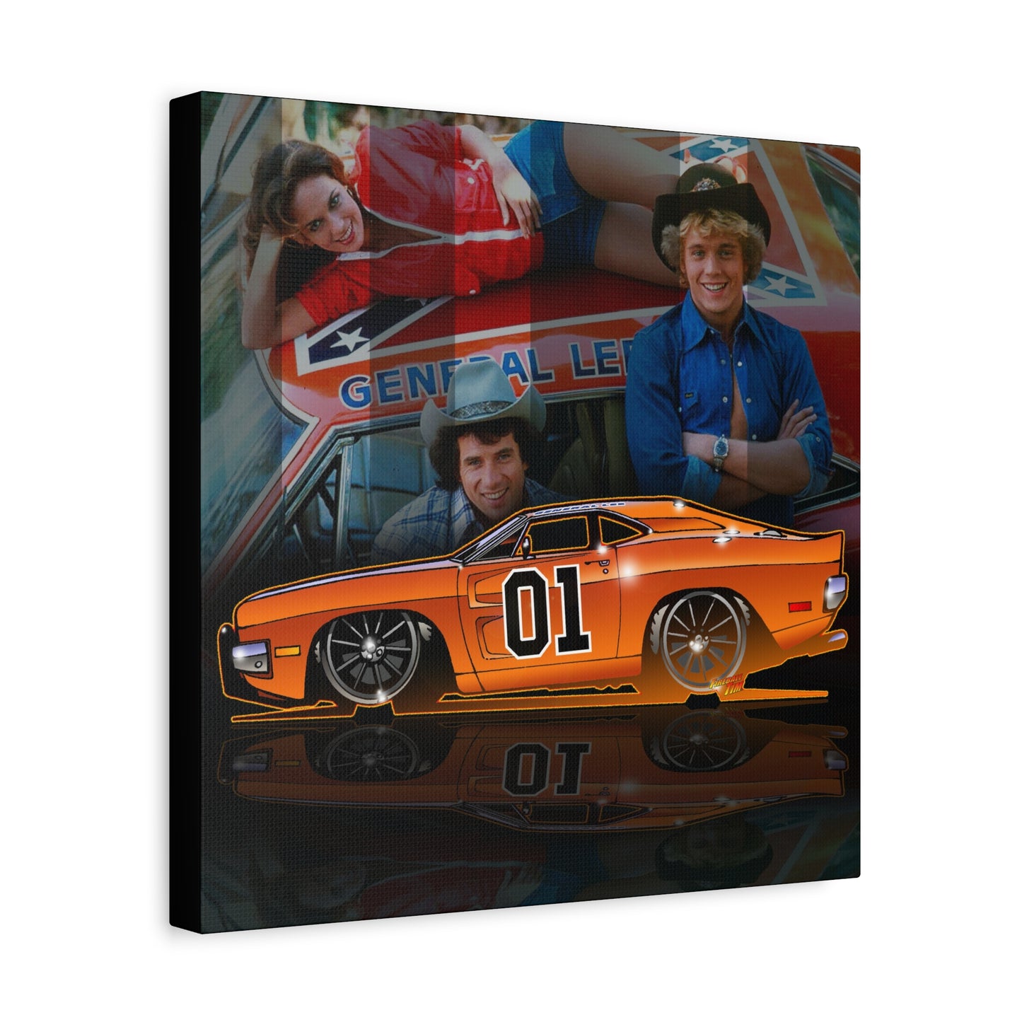 DUKES OF HAZZARD General Lee Dodge Charger Fireball Art Canvas Wall Print - 12x12