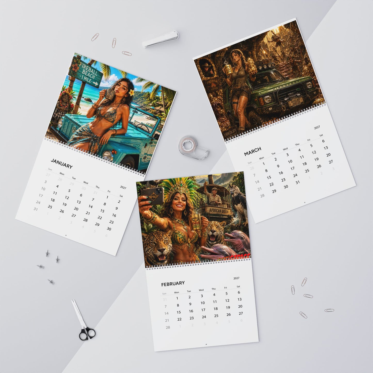 FIREBALL TIM GARAGE Coffee Pinup Art 2027 Wall Calendar - 8.5x11