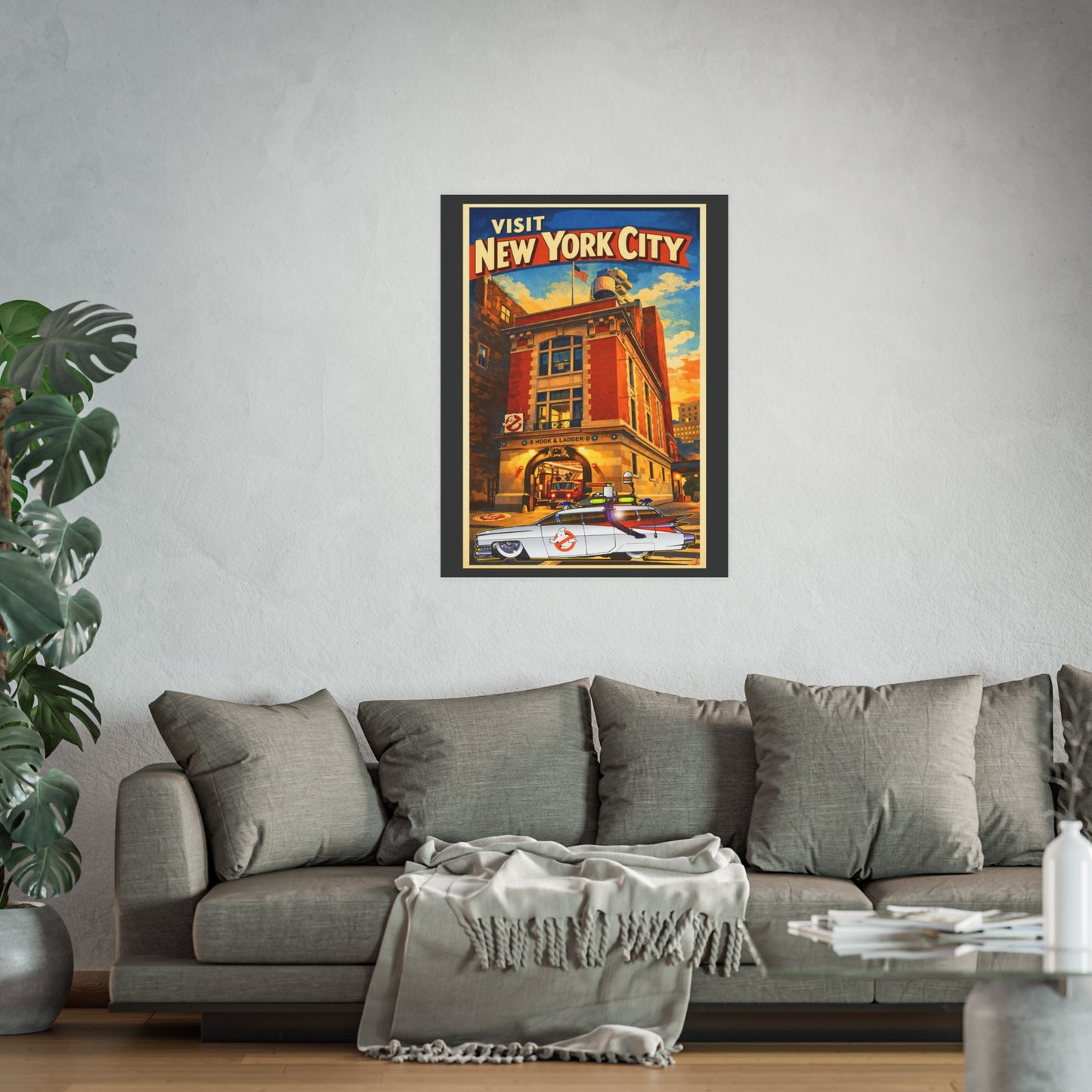 VISIT NEW YORK CITY Vintage Ghostbusters Cadillac Ambulance Fireball Art Travel Poster