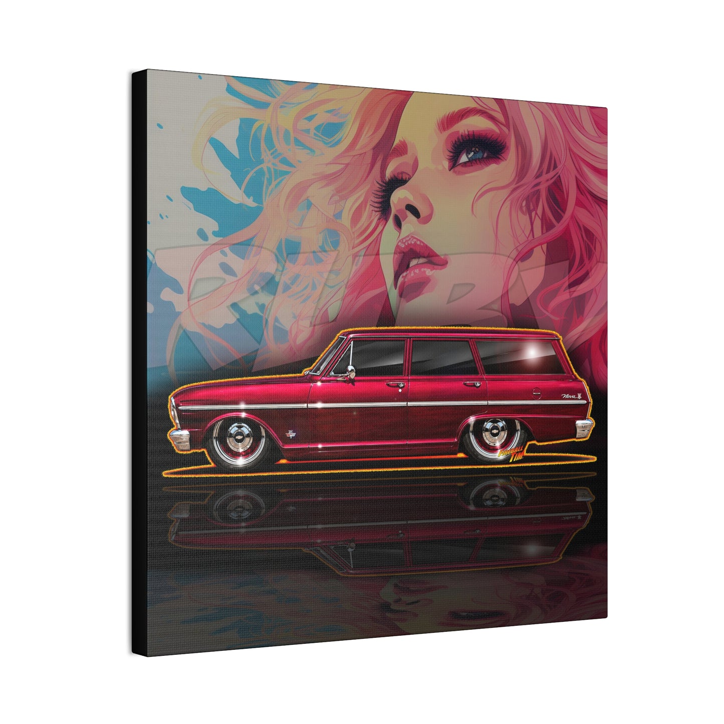 CHEVY NOVA WAGON 1965 Collectible Fireball Art Canvas Stretched Print