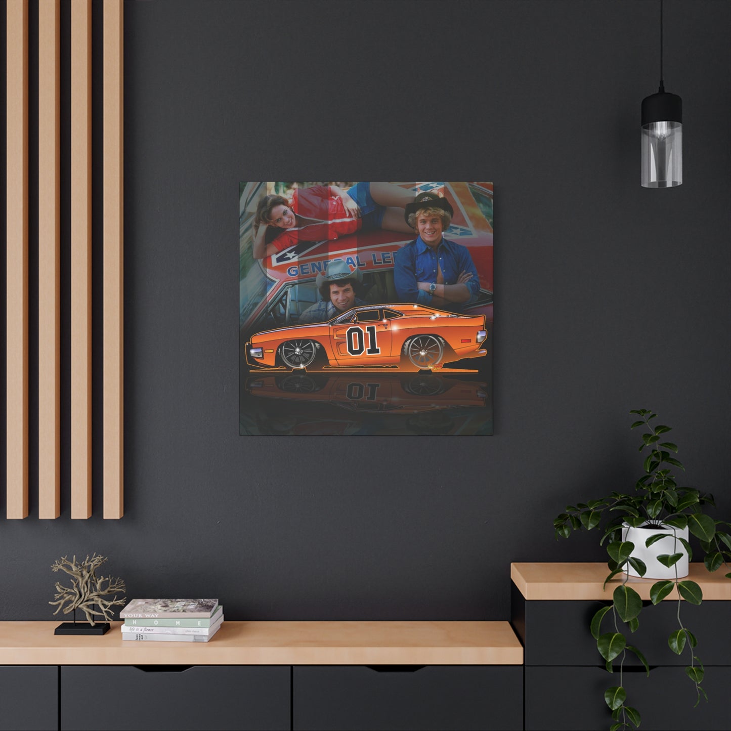 DUKES OF HAZZARD General Lee Dodge Charger Fireball Art Canvas Wall Print - 12x12