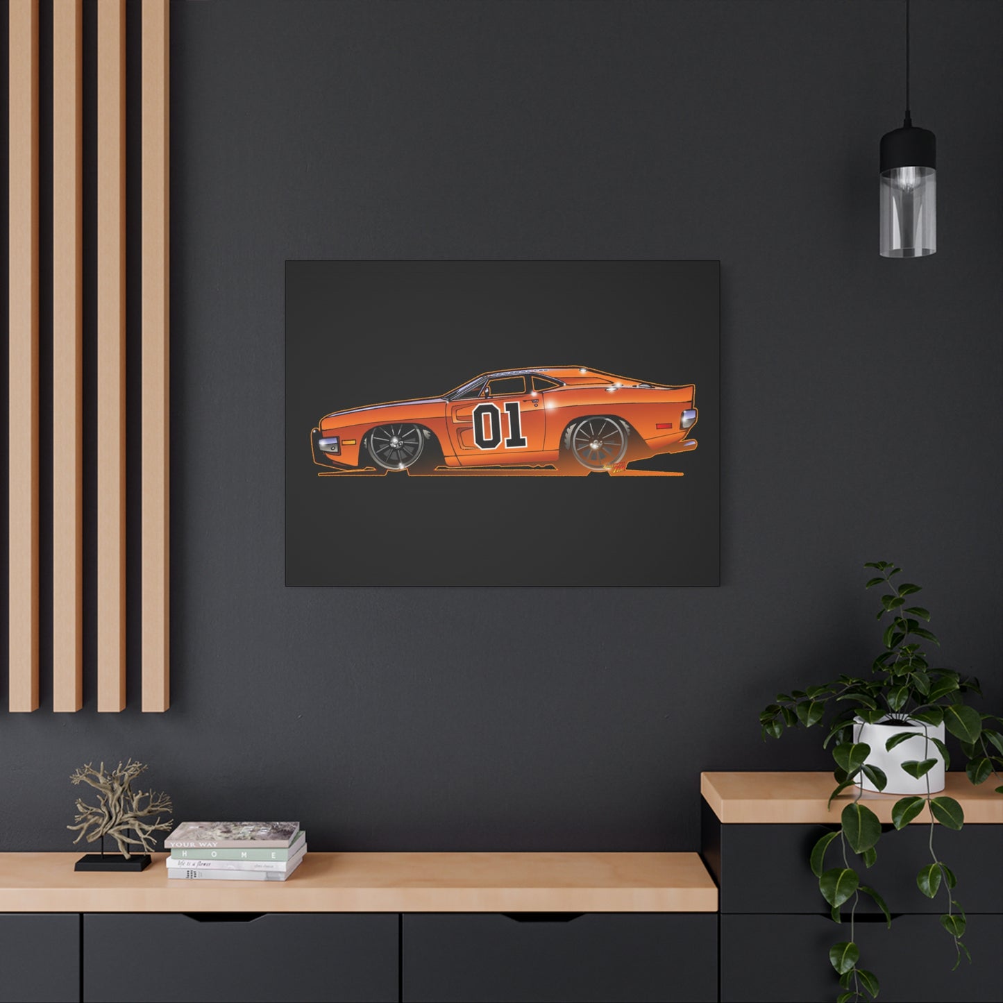 DUKES OF HAZZARD General Lee Dodge Charger Fireball Art Canvas Wall Print