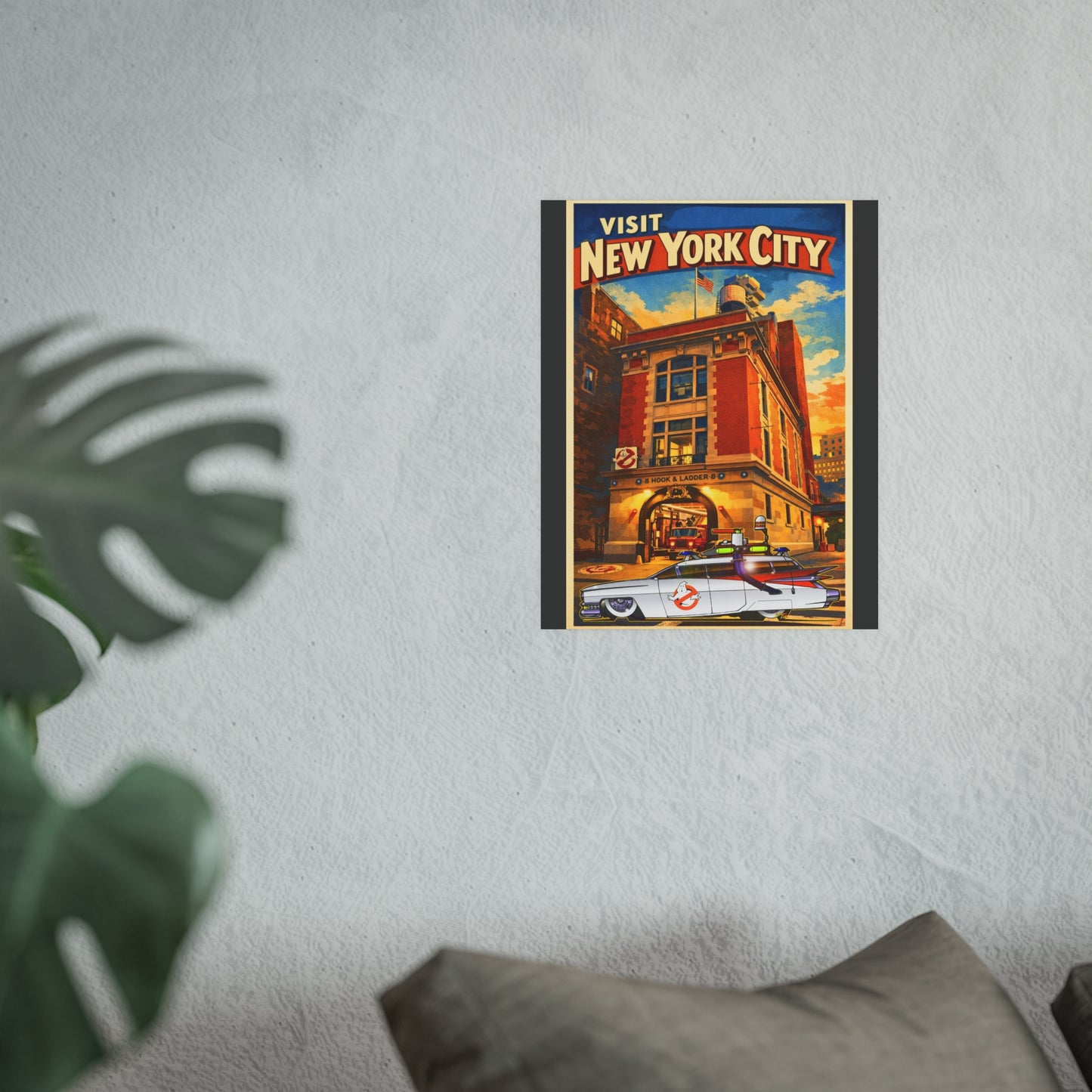 VISIT NEW YORK CITY Vintage Ghostbusters Cadillac Ambulance Fireball Art Travel Poster