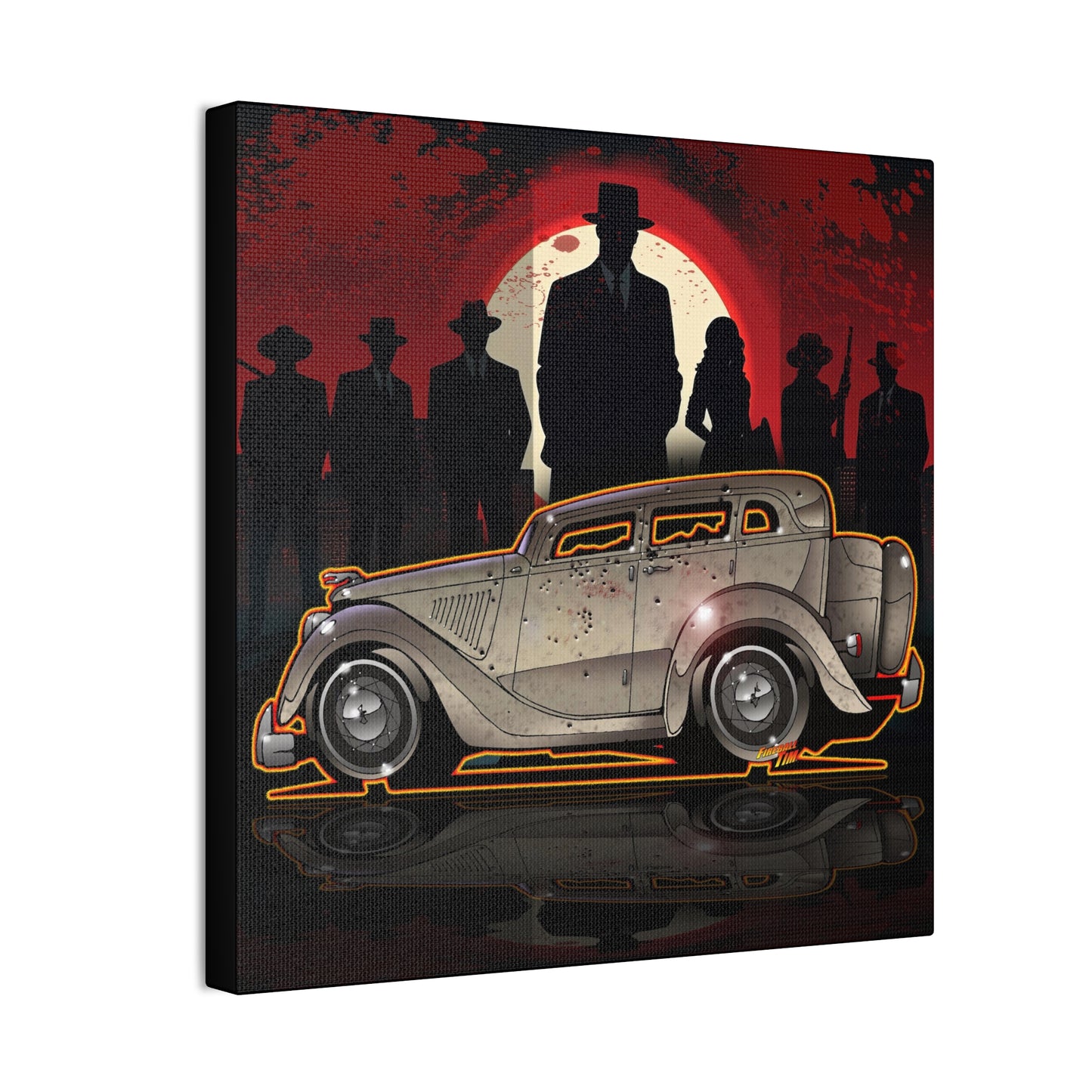 BONNIE & CLYDE 1934 Ford Model 730 Deluxe Sedan Fireball Art Canvas Print - 12x12