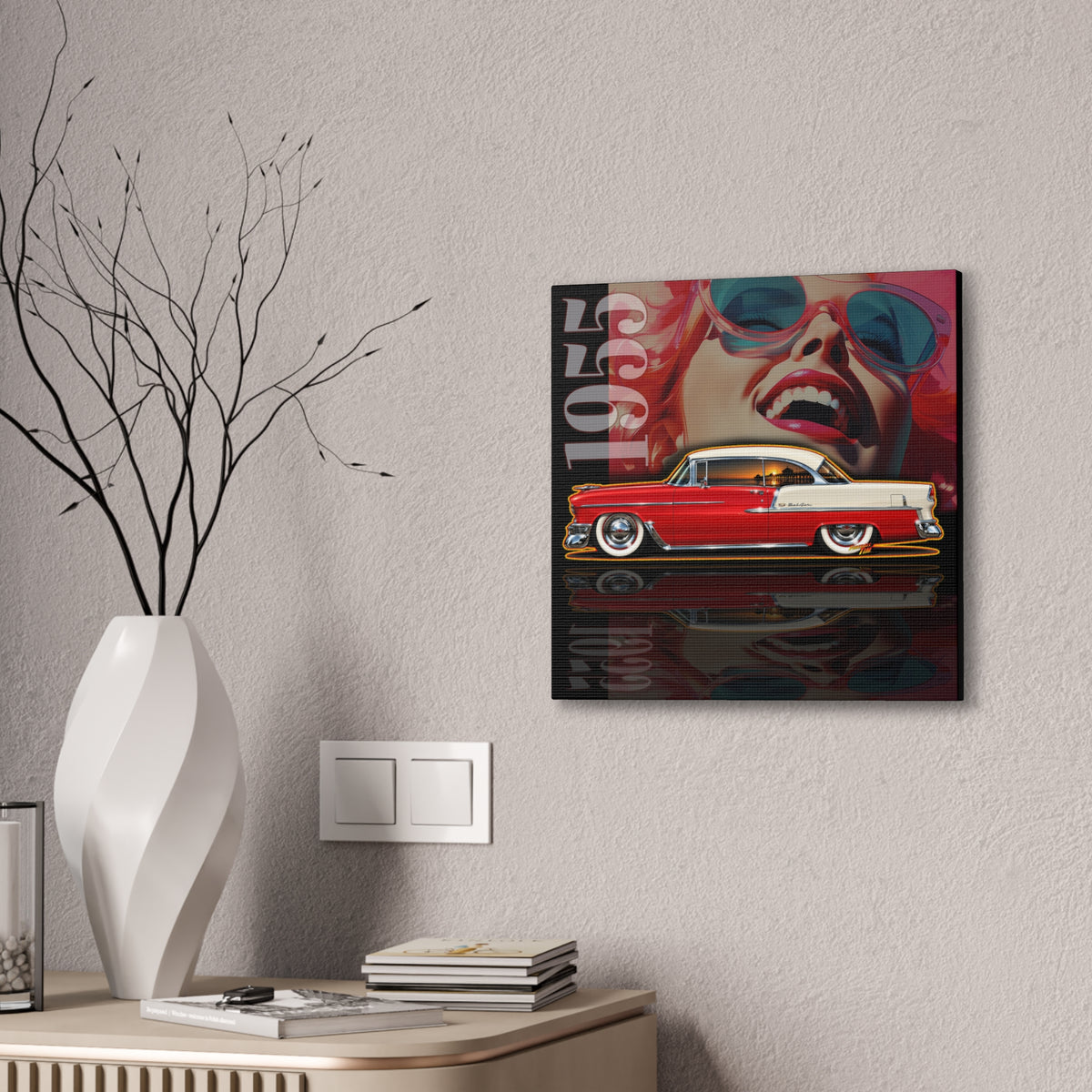 CHEVROLET BEL AIR 1955 Classic Car Collectible Fireball Art Canvas Stretched Print