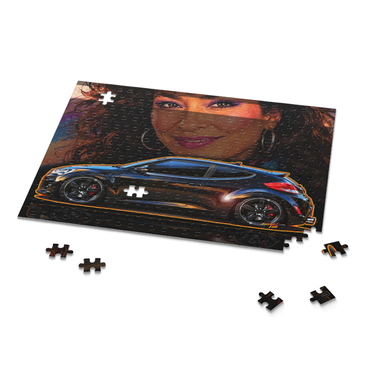 HYUNDAI VELOSTER 2012 Black Betty Collectible Fireball Art Jigsaw Puzzle — Retro Custom Cars (120/252/500‑Piece)